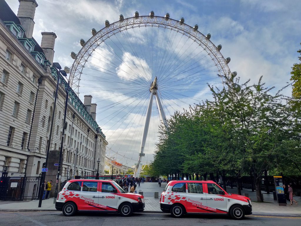 Sherbet Media Longi electric taxis London Eye advertising with a full taxi wrap